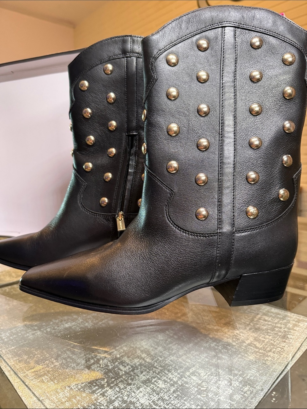 Vince Camuto Black Studded Western Boots Prilie, Women’s Size 9